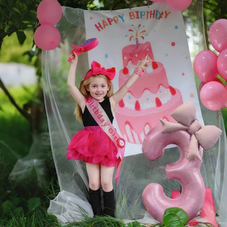 GeeParty ลูกโป่งวันเกิดตัวเลขสีชมพู 3 ชิ้น พร้อมโบว์ ฟอยล์บอลลูนธีมเจ้าหญิง ของตกแต่งงานวันเกิดเด็กผู้หญิง งานปาร์ตี้