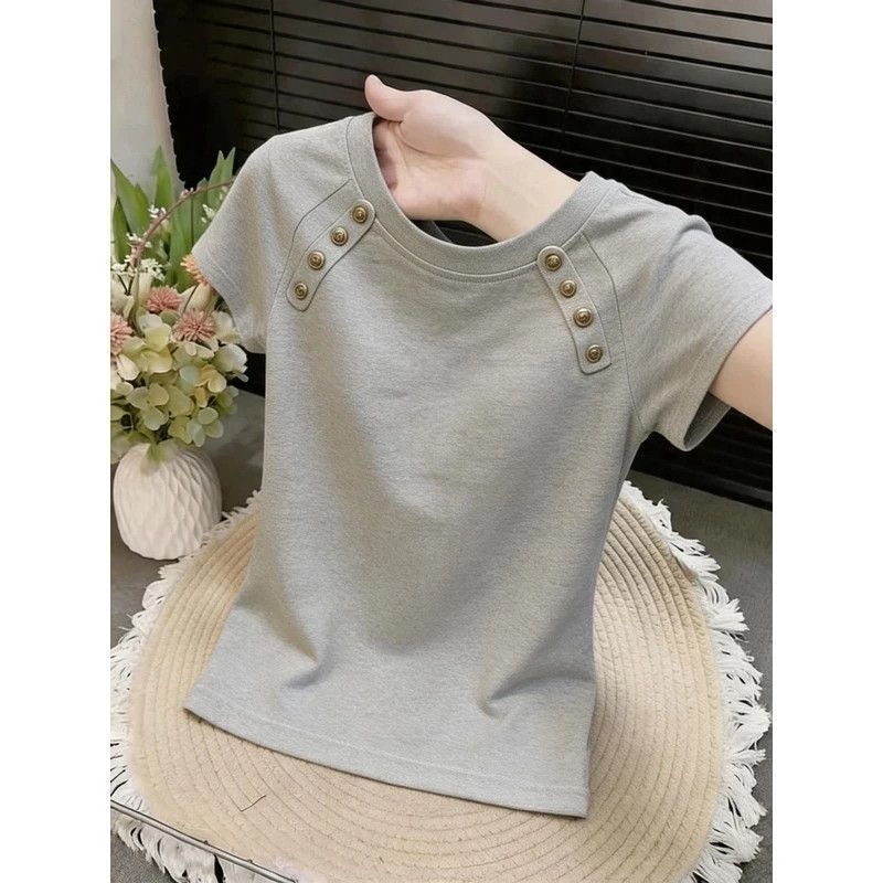 เสื้อยืดแขนสั้นคอกลมเรียบง่ายสําหรับฤดูร้อนใหม่ของผู้หญิงเสื้อยืดด้านบนกระชับสัดส่วน
