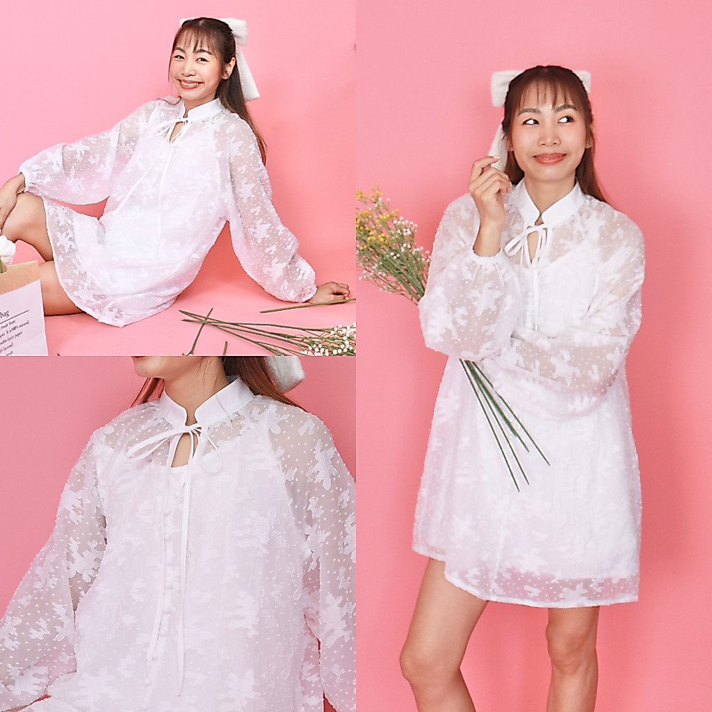 (S-XL) CHAWY Petal lace dress C3762 มินิเดรสสั้นลูกไม้