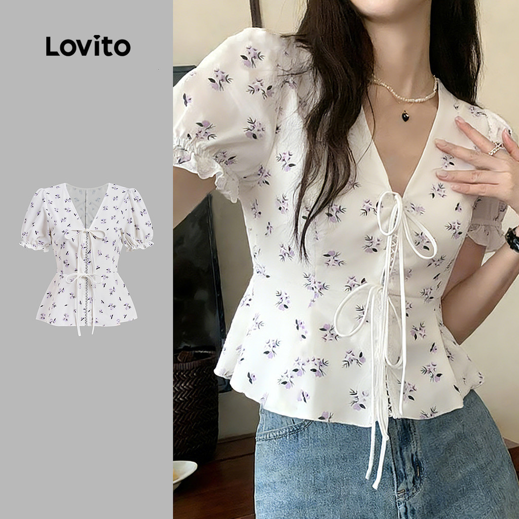 Lovito เสื้อแคชชวลผูกเชือก ดีไซน์ลายดอกไม้ ทรงเข้ารูป โปร่งเล็กน้อย สำหรับผู้หญิง เหมาะสำหรับฤดูใบไม้ผลิ/ฤดูร้อน L178ED1299