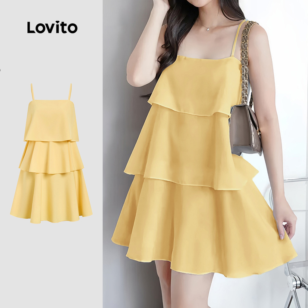 (NEW) Lovito  เดรสลําลองสีเหลืองสําหรับฤดูใบไม้ผลิ/ฤดูร้อน มีสายสะพายไหล่ปรับได้ และซิปหลายชั้น L177ED041