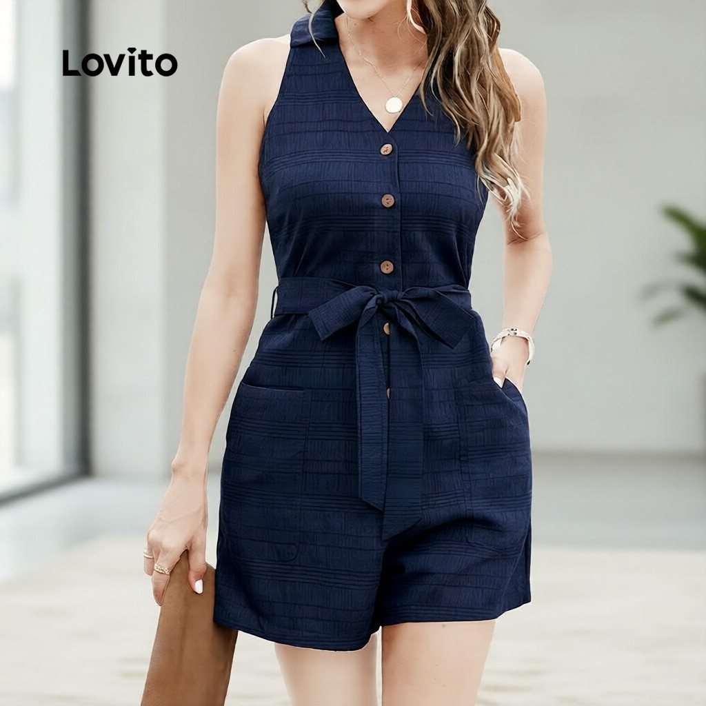 Lovito แคชชวล จั๊มสูทผูกหน้า ลายผ้านุ่ม สีฟ้ากรมท่า สไตล์ เหมาะกับฤดูใบไม้ผลิและฤดูร้อน รุ่น LK5ED873