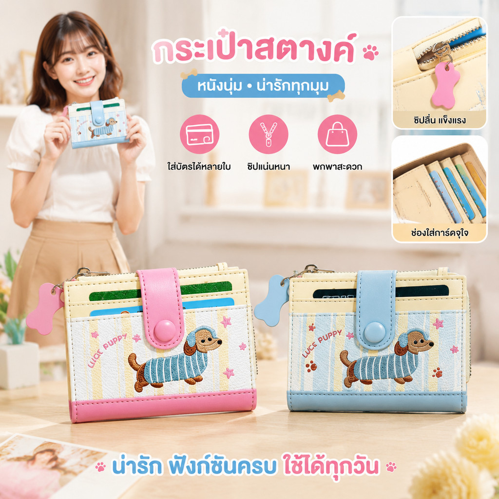【มีสินค้าพร้อมส่ง】กระเป๋าสตางค์พับสั้น ลายสุนัขการ์ตูน หลายช่องใส่บัตร+เหรียญ ขนาดเล็กพกพา สำหรับผู้หญิง