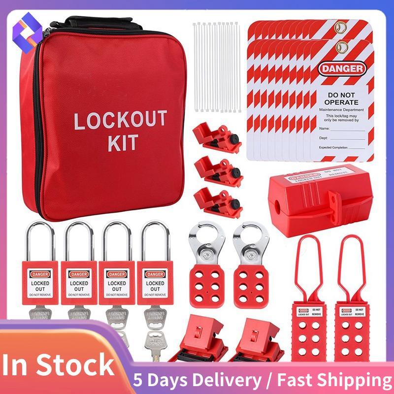 Lockout Tagout Kit, Electric -Kit with Circuit Breaker Lockout, Lockout Hasps, Out Tags Multi-Pole B