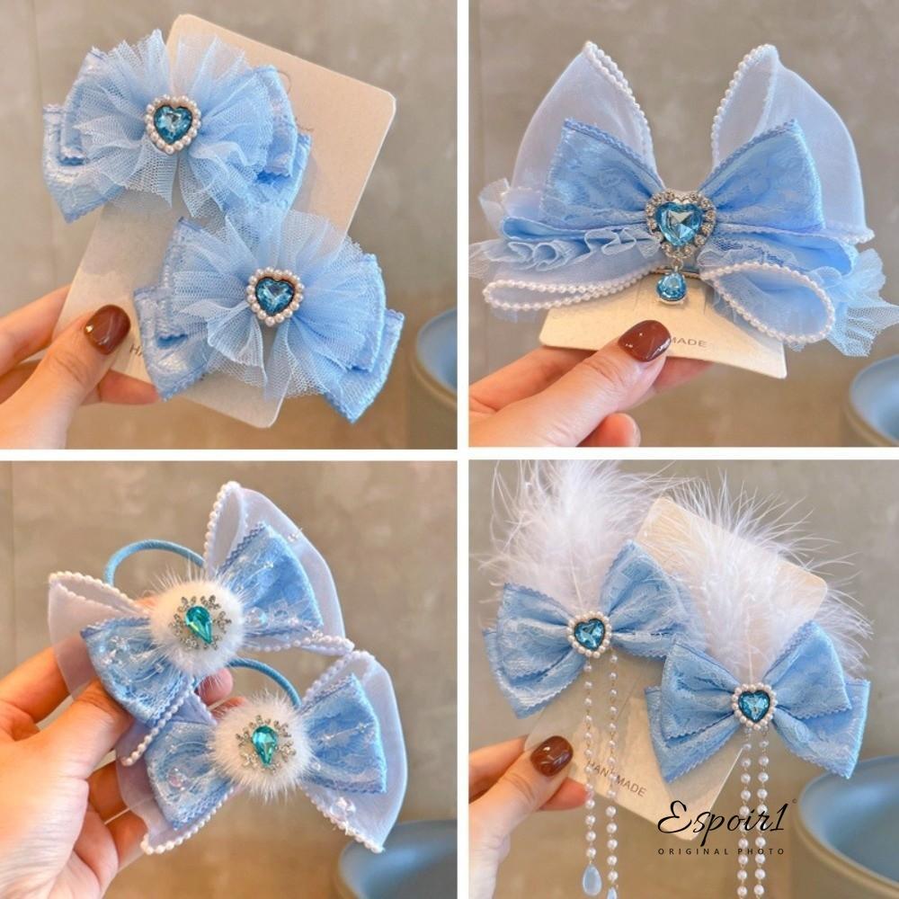 ESPOIR1 กิ๊บติดผม, ริบบิ้นยาว Big Blue Bows เจ้าหญิง Pompom Hairpins, แฟชั่นสาวโรงเรียน Hairgrips Headwear ของขวัญ Duckbill คลิปสําหรับเด็กเด็ก