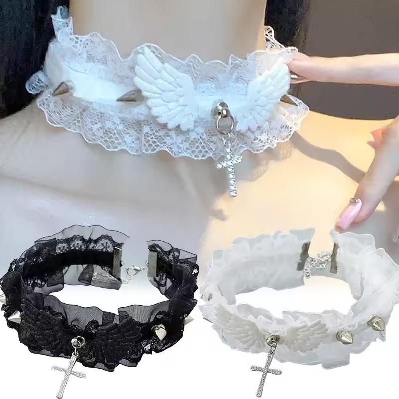 สร้อยคอมีปีกคริสตัลสีดำสีขาว ลายลูกไม้ เครื่องประดับแฟชันสำหรับผู้หญิง