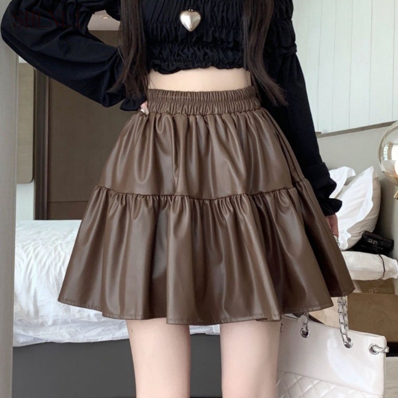 เอียวนุ่มยืดสีกาแฟสำหรับผู้หญิง กระโปรงสั้นPUหนังทรงA-line พรางงานปัก สำหรับฤดูหนาวและใบไม้ร่วง - รูปที่ 6