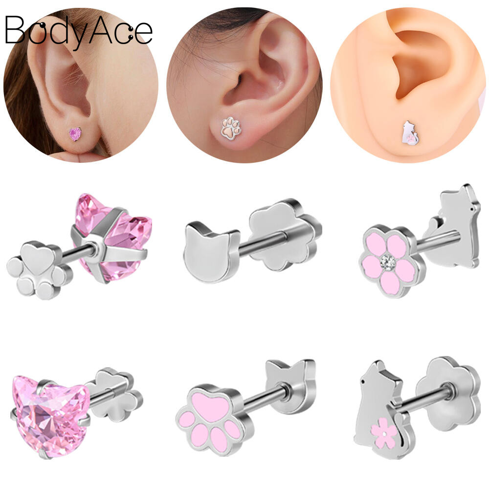 ต่างหู Bodyace 18G สตั๊ดคริสตัล ลายดอกไม้และแมว สีชมพู สำหรับเจาะ lobe และ lip ราคา ถูกที่สุด ดีลบีเคเค