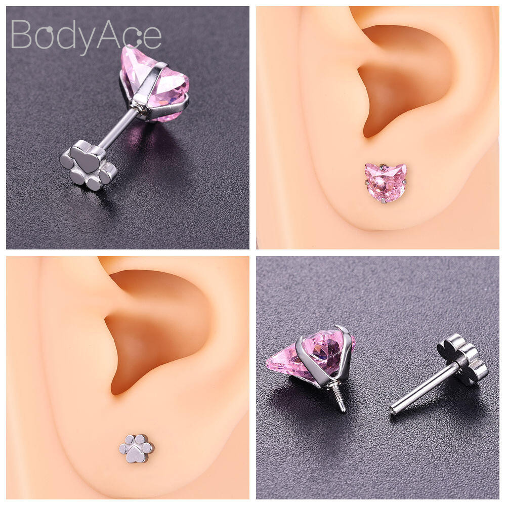 ต่างหู Bodyace 18G สตั๊ดคริสตัล ลายดอกไม้และแมว สีชมพู สำหรับเจาะ lobe และ lip ราคา ถูกที่สุด ดีลบีเคเค แกลเลอรีภาพที่ 5