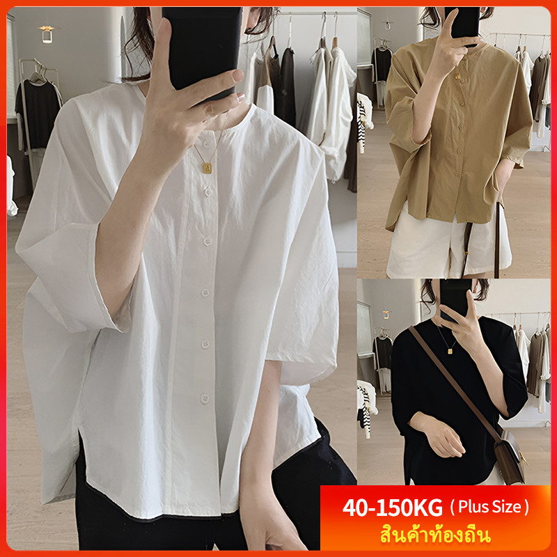 [เสื้อโอเวอร์ไซส์] (40-150 กก.) ผู้หญิงฤดูร้อนผ้าลินินอสมมาตรชายเสื้อกรีดวางเสื้อวินเทจขนาดบวกเสื้อหลวมแฟชั่นสวมใส่