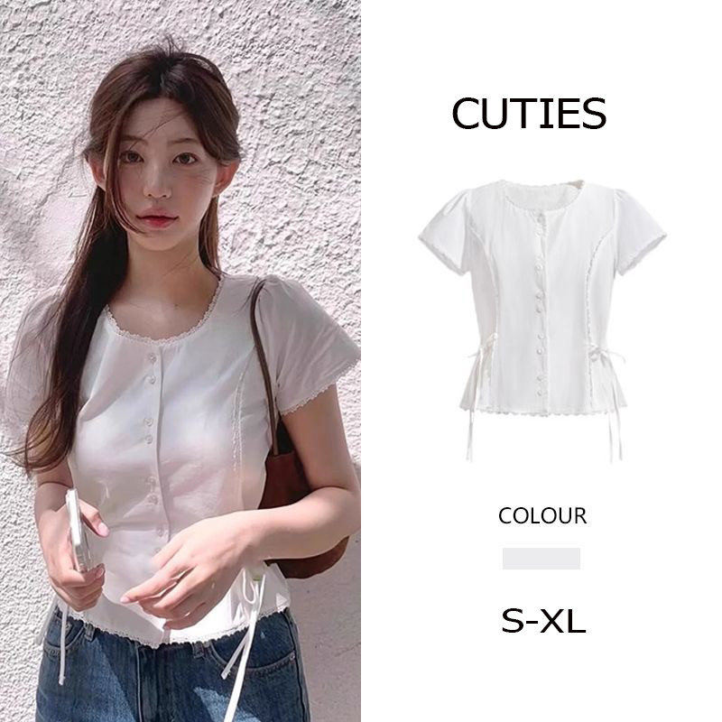 Cuties 💖 99173 เสื้อเชิ้ตแขนสั้นผู้หญิง มีเชือกรูดเอวด้านข้าง สวย น่ารัก ใส่แล้วหุ่นสวย เสื้อเชิ้ตผู้หญิงสีขาว ทรงหลวม