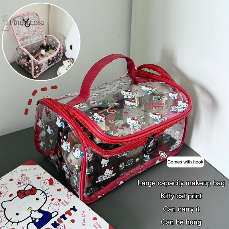 FIG Sanrio Hello Kitty กระเป๋าเครื่องสําอางขนาดใหญ่ความจุกระเป๋าแต่งหน้าแบบพกพากระเป๋าถือกระเป๋าเดินทางล้างกระเป๋า TH
