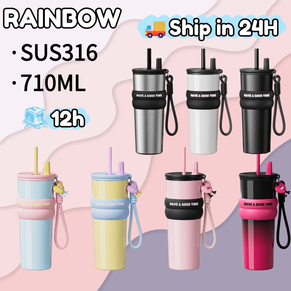 RAINBOW CUP แก้วเยติ ถ้วยสแตนเลส 316 แก้วน้ํา พกพาได้ แก้วกาแฟ หลอดฟรี ฉนวนกันความร้อน ความจุขนาดใหญ่ 710ml