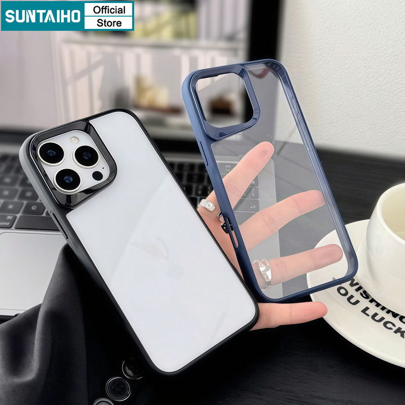Suntaiho เคสไอโฟน เคสโทรศัพท์ เรียบง่าย สง่างาม ขอบโปร่งใสสีดําฮาร์ดพรีเมี่ยมปลอกกันกระแทกสําหรับ ไอ