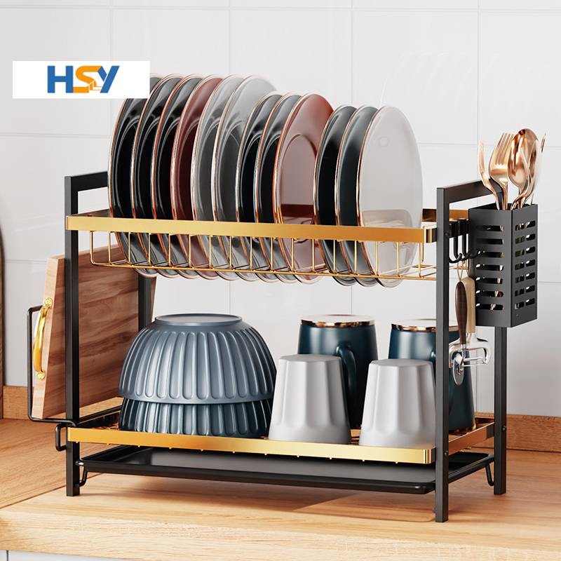 HSY 2/3-Layer จาน Drainer Drying Rack Kitchen Organizer พร้อมท่อระบายน้ํา Pan Heavy-Duty เหล็กคาร์บอนสําหรับจานชามเครื่องครัว