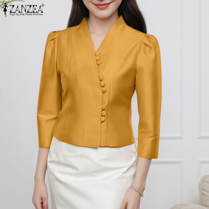 ZANZEA เสื้อซาตินสไตล์เกาหลี noble elegant สำหรับผู้หญิง ดีไซน์วิถีเกาหลี แขน 3/4 กับปุ่ม — صورة 5