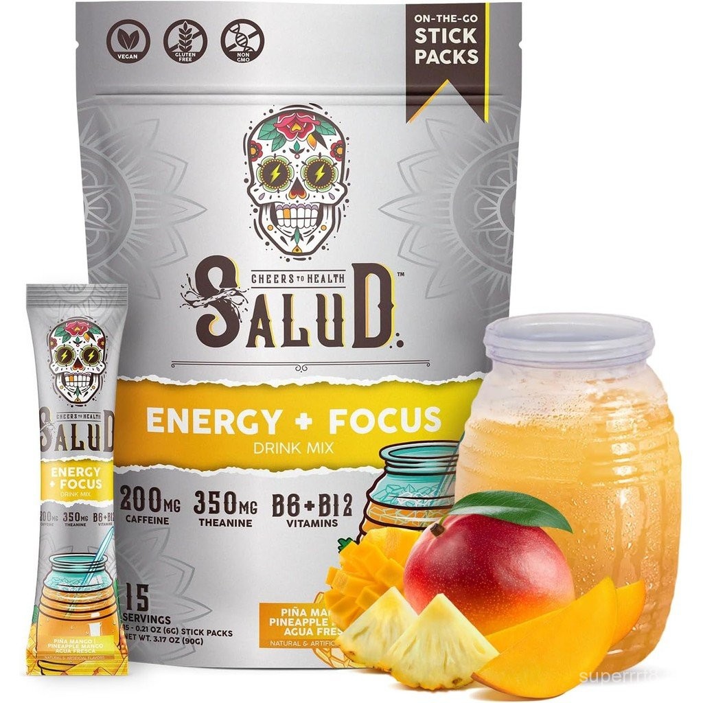Salud 2-in-1 Energy Drink Powder + Focus, Pineapple Mango, Organic Caffeine, B6 + B12, Theanine, Cle
