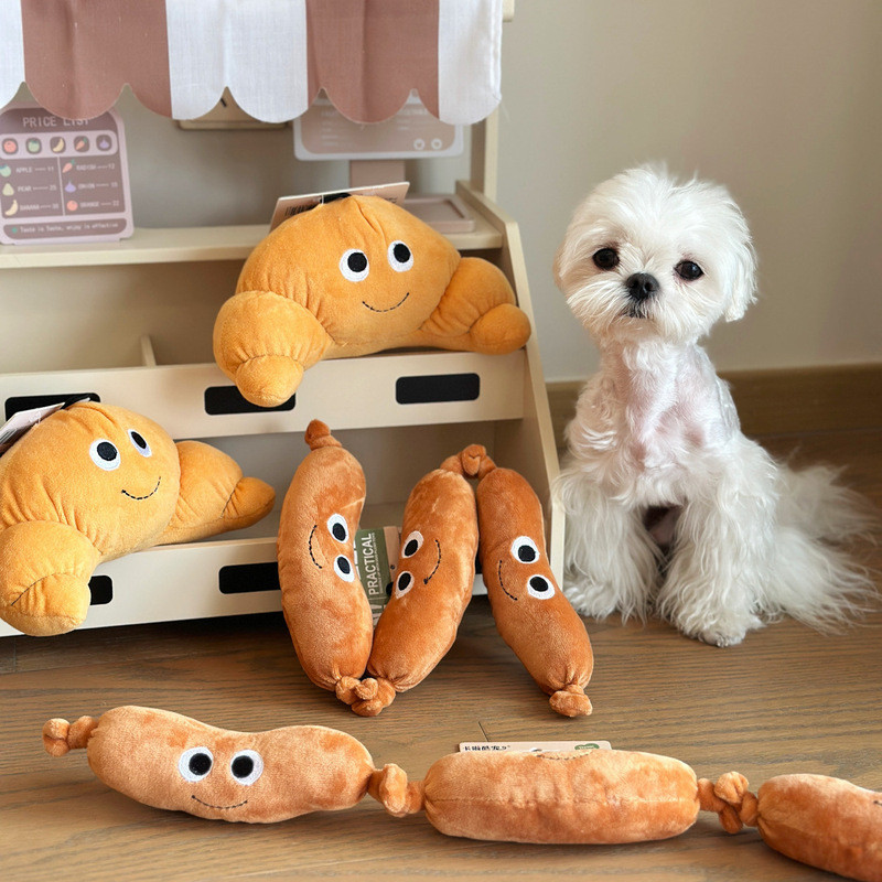 ของเล่นสุนัขตุ๊กตา Squeaky - สไตล์ครัวซองต์และไส้กรอกน่ารักสําหรับลูกสุนัข Interactive Squeaker ของเล่นสําหรับสุนัข