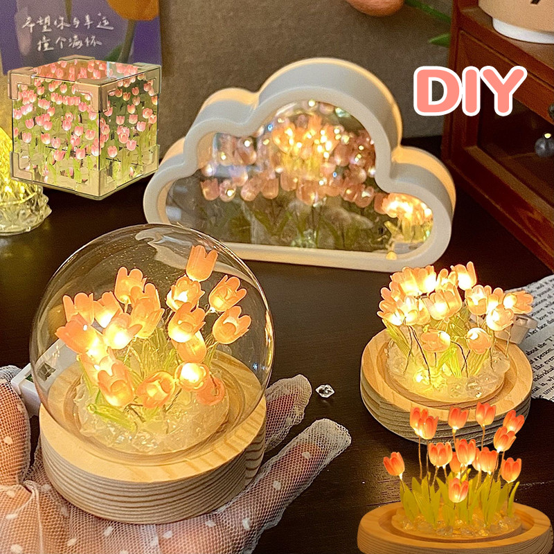 CODโคมไฟแก้วทิวลิป LED ทิวลิปไฟกลางคืน ดอกไม้อมตะ DIY ตกแต่งห้อง โคมไฟห้องนอน ของขวัญวันเกิด