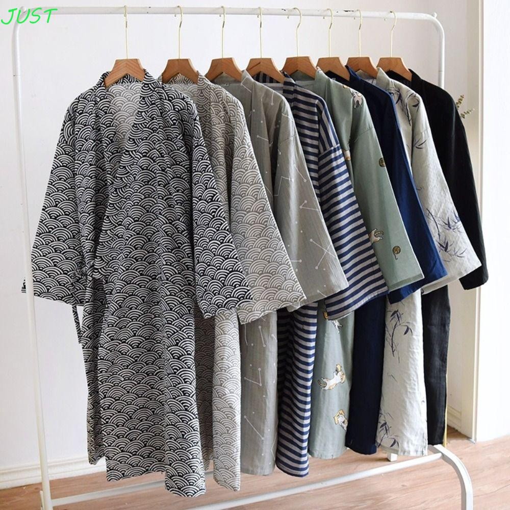 เสื้อคลุมอาบน้ำกิโมโนผู้ชาย คอวีหลวมสไตล์ยูกาตะ แขนยาวบางสบาย สำหรับชุดนอนและโฮมแวร์