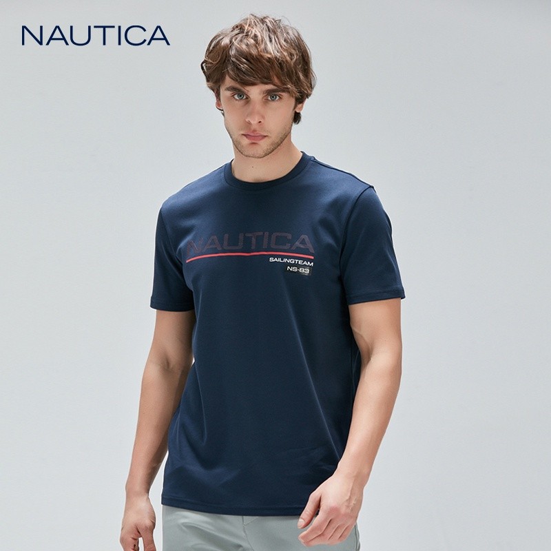 เทรนด์ผู้ชายผ้าฝ้าย Nau.tica คอกลมลําลองพิมพ์ตัวอักษรคลาสสิกเสื้อยืดแขนสั้นเยาวชน