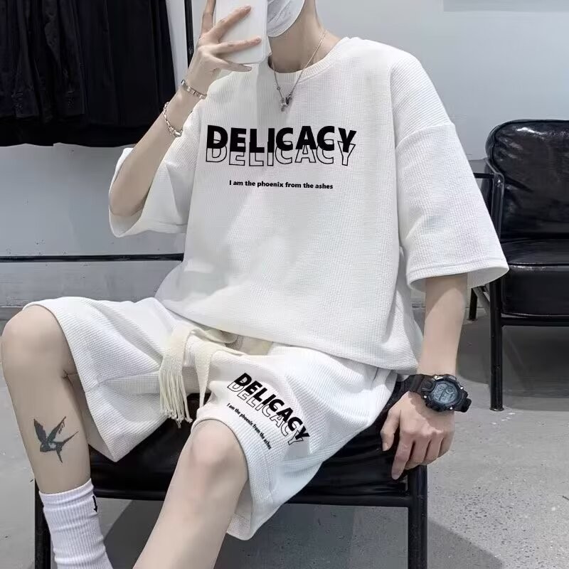 COD 2025 Waffle Sports Suit Men's Summer Trendy Brand T-shirt Shorts Two-piece Set American Trendy F