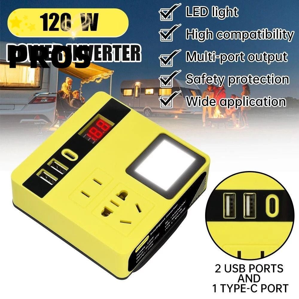 PROS อินเวอร์เตอร์แบตเตอรี่ลิเธียม, 120W พร้อมอินเวอร์เตอร์แบตเตอรี่ไฟ, 2 USB 1 พอร์ต Type C หม้อแปลงแปลงไฟมัลติฟังก์ชั่นกําลังสูงสําหรับ Makita สําหรับกิจกรรมกลางแจ้ง