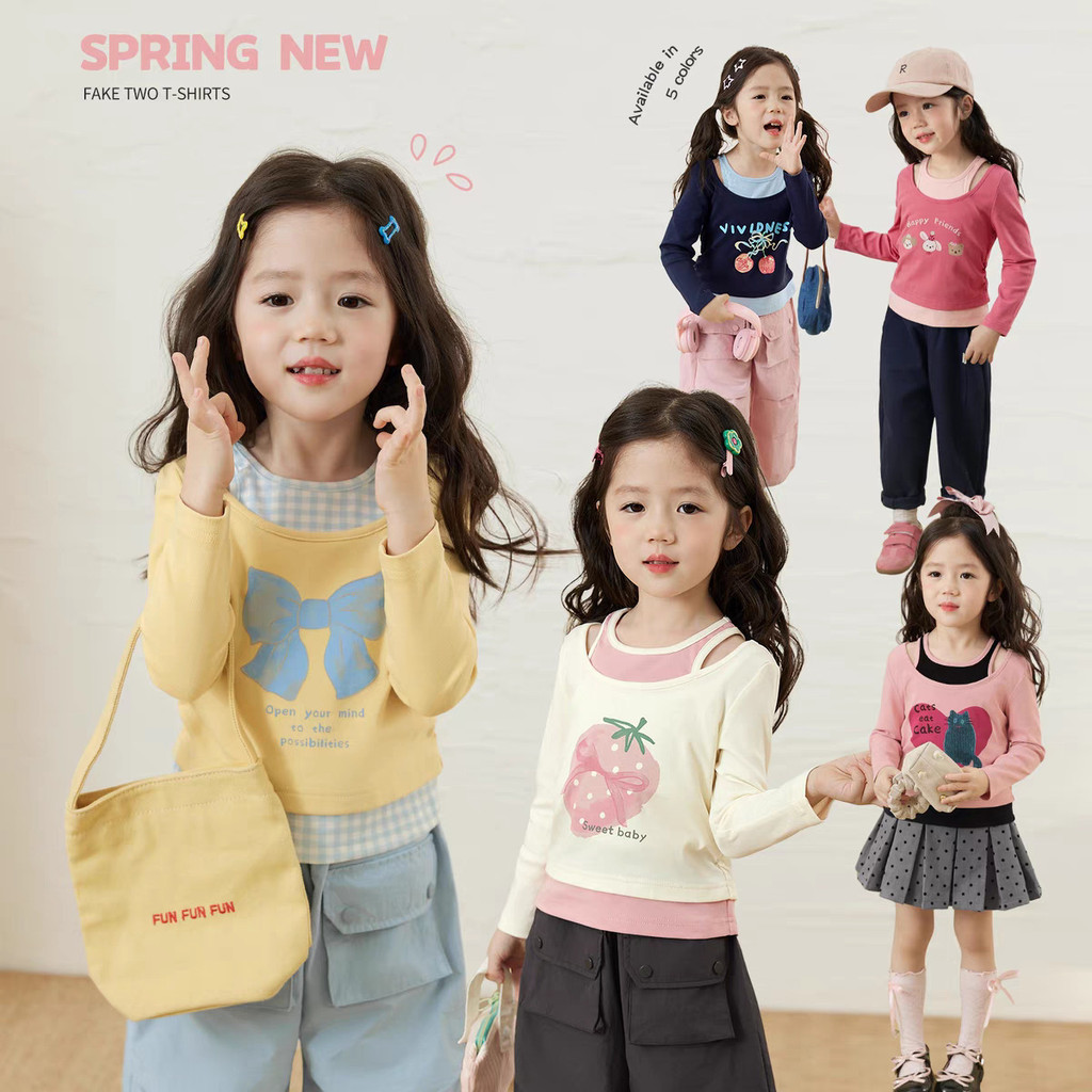 สาวปลอมสองชิ้นเสื้อยืดใหม่การ์ตูนแขนยาวด้านบนทารกยืด จุดต่ําสุด เสื้อ
