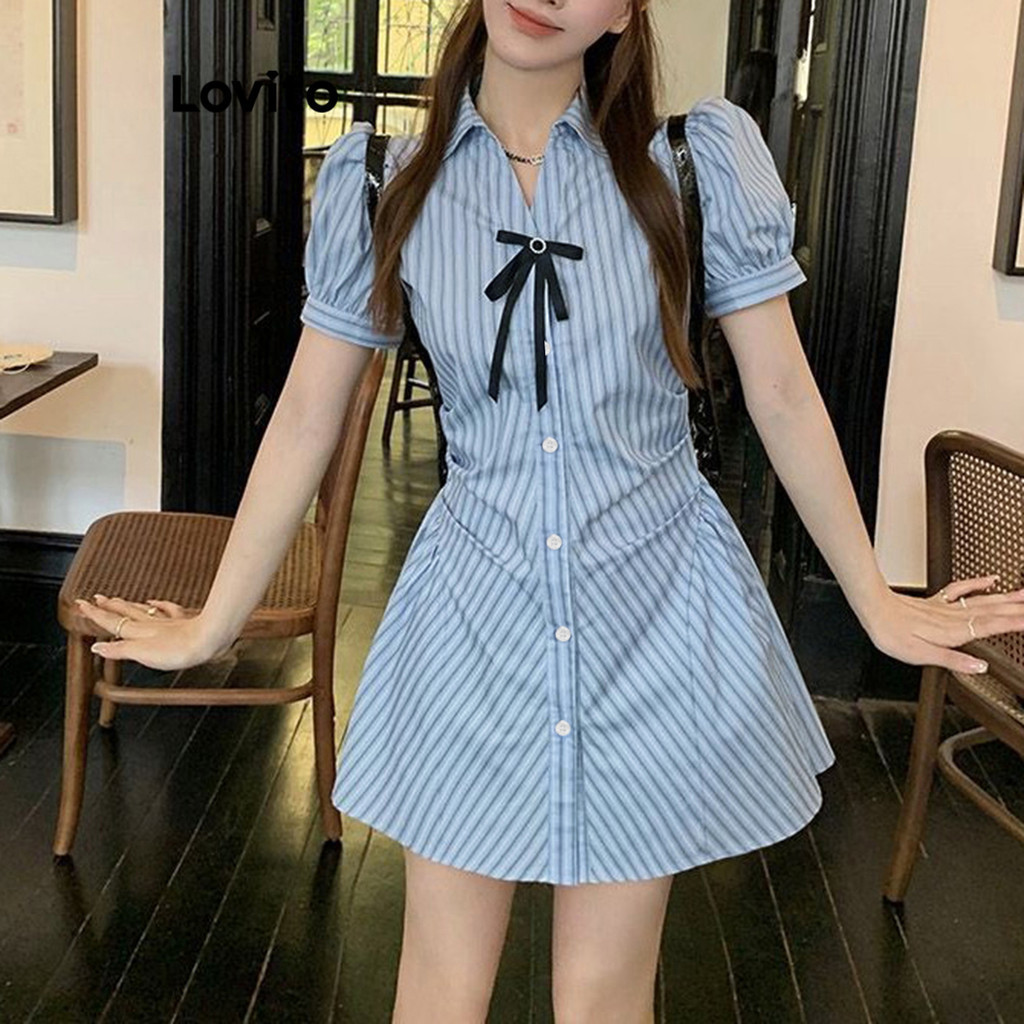 Lovito ชุดเดรสลําลองชุดเดรสแขนพัฟเดรปโบว์ลายทางสําหรับผู้หญิง LBA79194