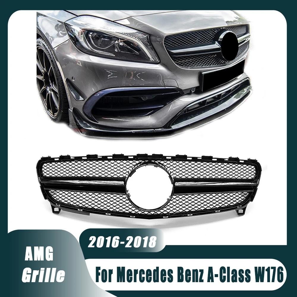 Chrome สีดํา AMG สไตล์กันชนหน้า Grille สําหรับ Mercedes Benz A-class W176 2016-2018 A180 A200 A250 A