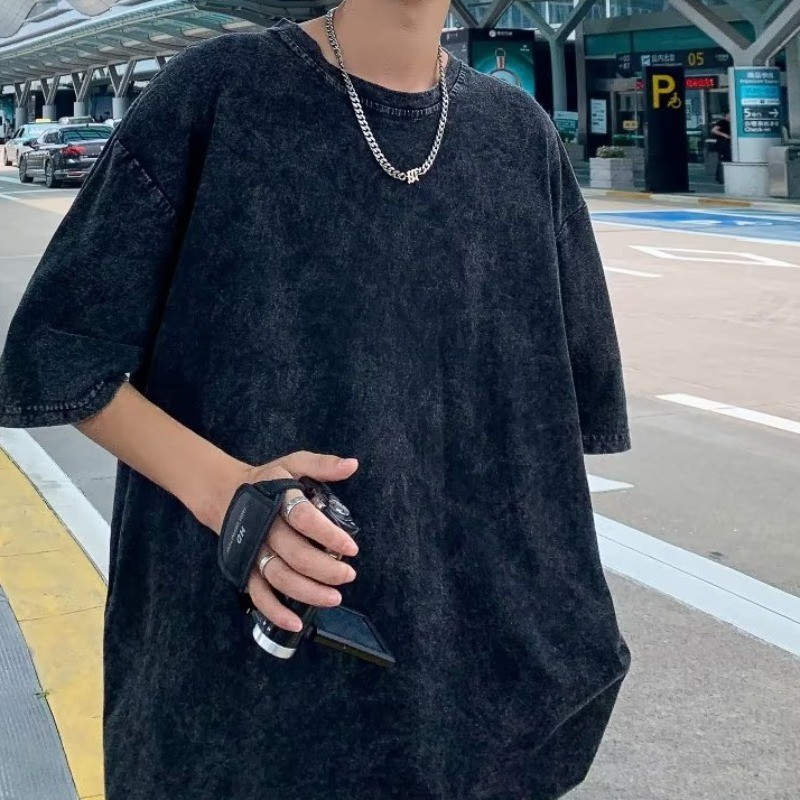 COD 2025 Washed Vintage Heavyweight Short Sleeve T-Shirt for Men Summer Ins Trend Brand Round Neck 2