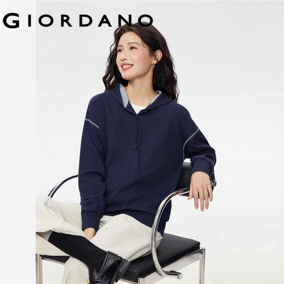 GIORDANO WOMEN 100% Cotton topstitch half button hoodie 13325757