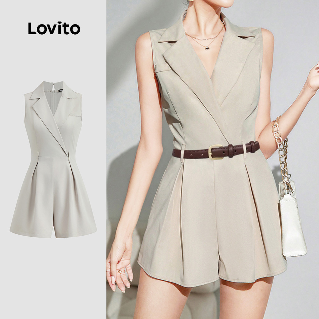 Lovito ชุดจั๊มสูทเรียบหรู มีจีบและกระเป๋าปลอม เหมาะสำหรับใส่ทำงาน ดีไซน์คลาสสิกและใช้งานได้หลากหลาย สำหรับผู้หญิง L129ED468