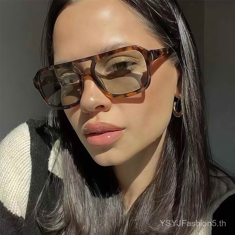 แว่นกันแดด Aviator Double Bridge Square Frame Leopard Print