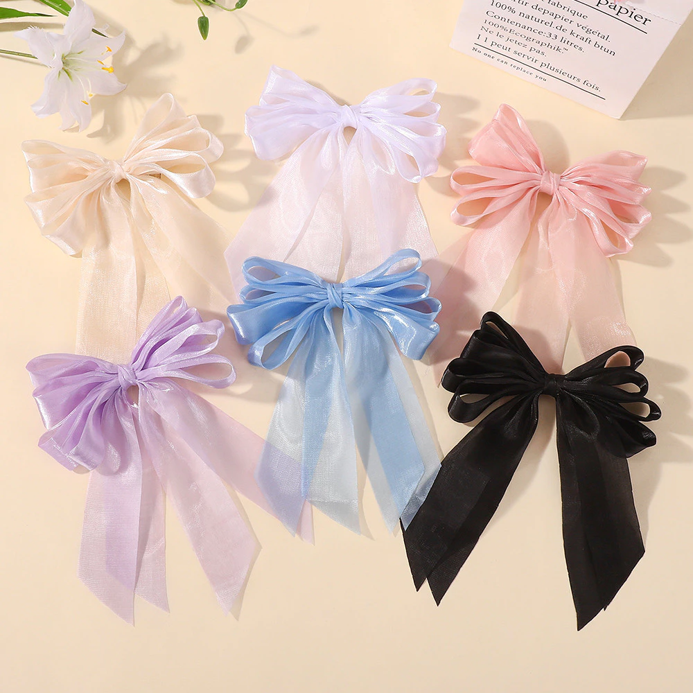 กิ๊บติดผมโบว์ขนาดใหญ่ สไตล์หวานสำหรับผมหางม้า ทำจาก organza สีดำ