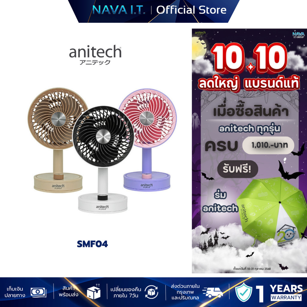 Anitech SMF04 พัดลมพกพา ปุ่มปรับแรงลมแบบหมุน แบตเตอรี่ 1200mAh รับประกัน 1 ปี