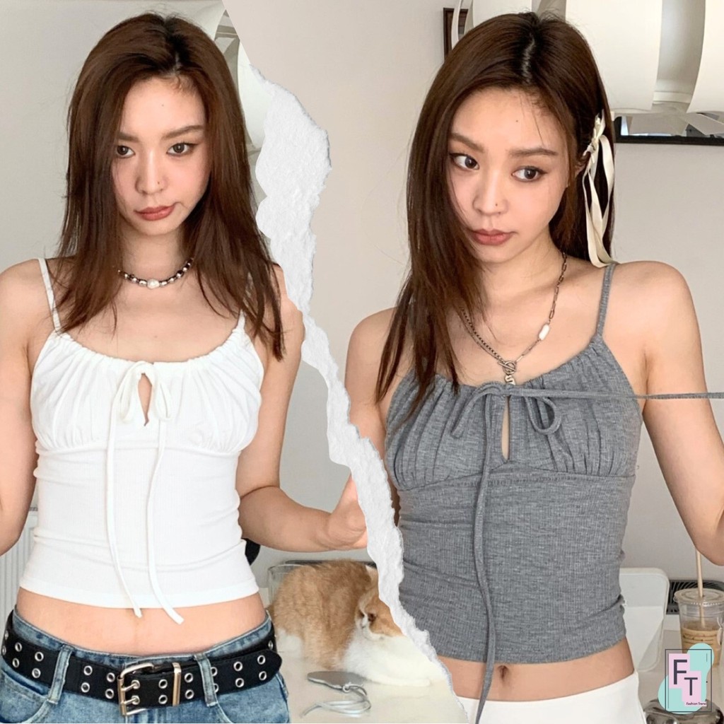 💢FT อินเทรนด์💢เสื้อสายเดี่ยว อกและคอรูดย่น สายผูกรูดปรับได้ สีพื้น 3 สี