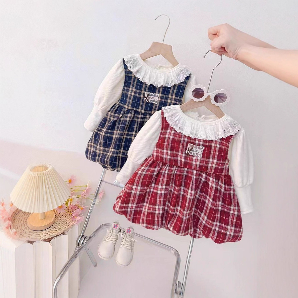 ฤดูกาลโรงเรียนหญิงทารกฤดูใบไม้ร่วงเสื้อผ้าลายสก๊อตแขนยาวฤดูใบไม้ผลิฤดูใบไม้ร่วงสไตล์ใหม่ทารกกระโหลกเจ้าหญิงปลอมสองชิ้นกระโปรงดูดีแฟชั่นเด็ - รูปที่ 2