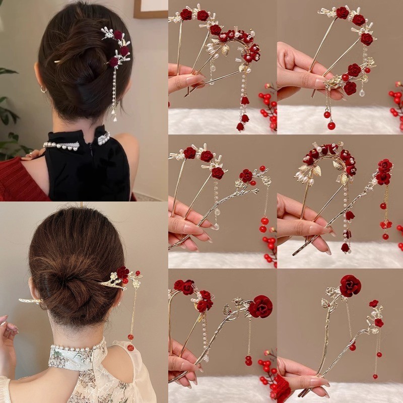 กิ๊บติดผมพู่สีแดงสไตล์จีนสําหรับผู้หญิงติดผมแผ่นฮันฟูโบราณปีใหม่ - รูปที่ 2