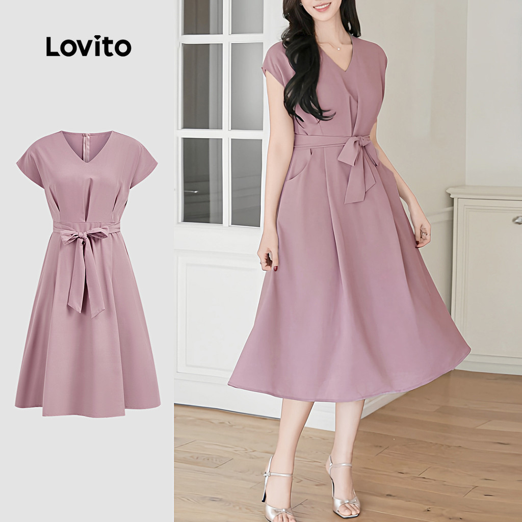 เดรสแขนสั้นแบบคอวีพร้อมเข็มขัด - DRB128P1D684