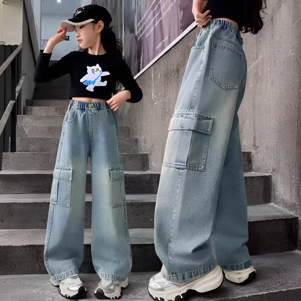 กางเกงยีนส์ขากว้างสำหรับเด็กผู้หญิง ผลิตจากผ้ายีนส์คุณภาพดี ใส่สบายและระบายอากาศได้ดี เหมาะสำหรับการใส่ในชีวิตประจำวันของเด็กผู้หญิง - รูปที่ 2