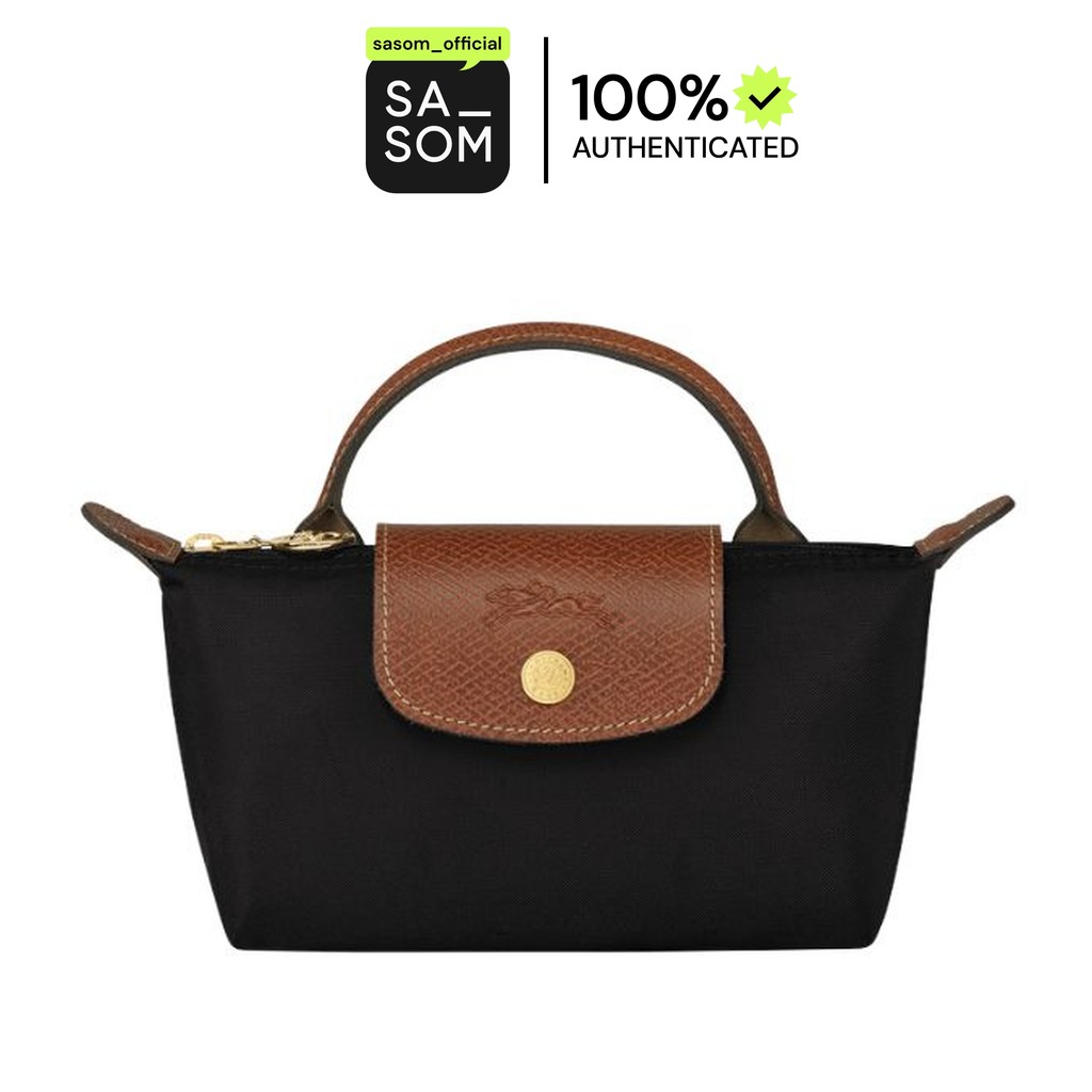Longchamp Le Pliage Original Pouch With Handle In Recycled Canvas With Gold Hardware Black | ของแท้ ตรวจสอบโดย SASOM