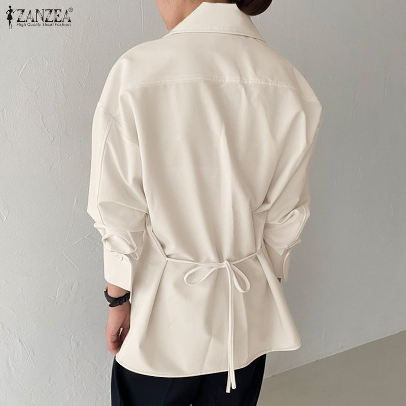ZANZEA ซานเซีย ผู้หญิงเกาหลีแฟชั่นปกซิปแขนยาวไม่สม่ําเสมอ มิ้ม กระเป๋าสีทึบเสื้อ — صورة 6