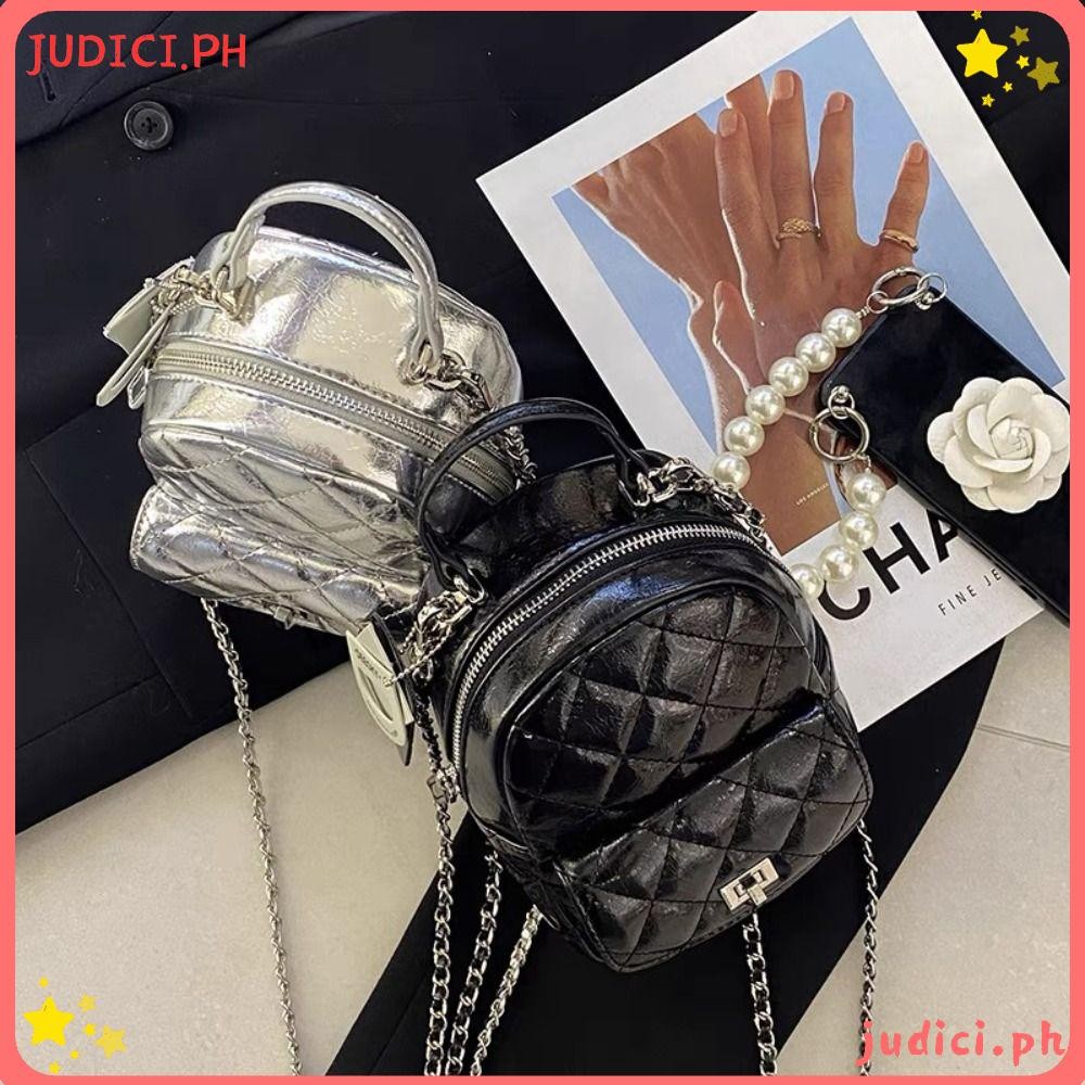 JUDICI กระเป๋าเป้โซ่, กระเป๋านักเรียนวินเทจหนังมัลติฟังก์ชั่น, Bow Element PU Argyle กระเป๋าเป้เดินท