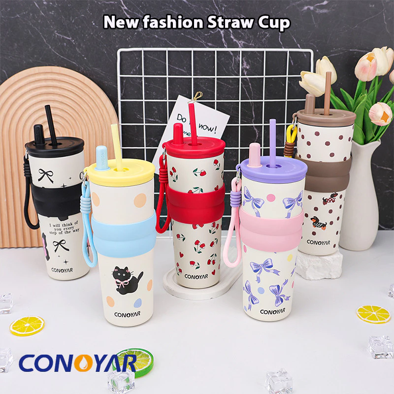 ถ้วยสูญญากาศโฮน,ความจุสูง710มล การ์ตูน แก้วน้ำสแตนเลส 316 เคลือบเซรามิก มีหลอดดูด พับเก็บได้ มีที่เก็บฝาหลอด T01309