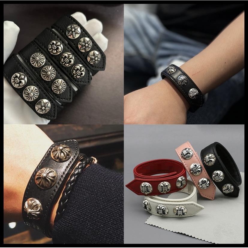 CH♥ สร้อยข้อมือเงิน 925 ลายดอกไม้ พร้อมสร้อยข้อมือหนังปรับขนาดได้ สไตล์แฟชันหลากหลายองค์ประกอบ 120