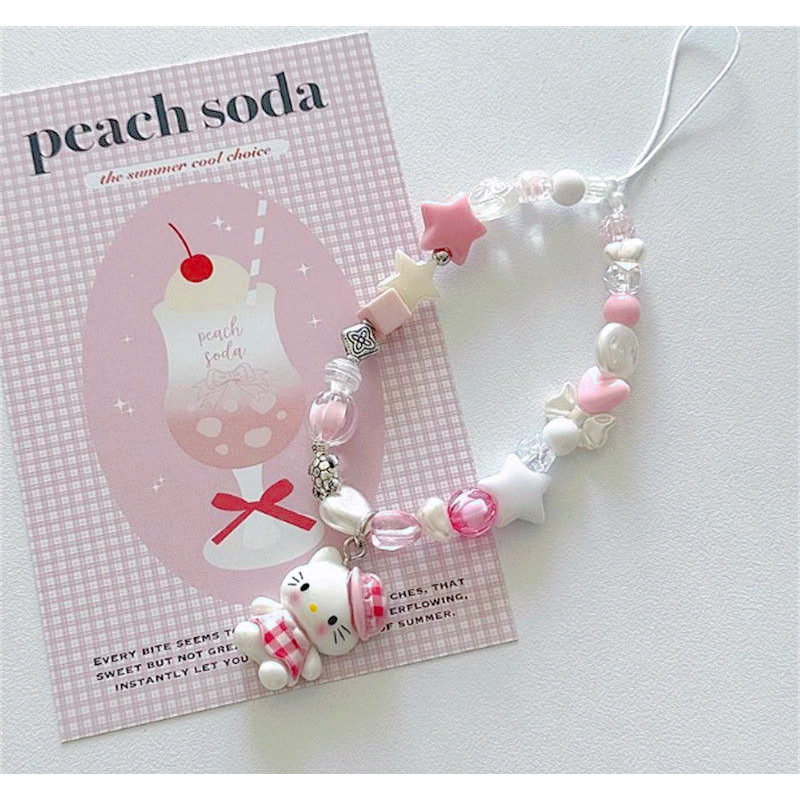 [พร้อมส่ง] สายห้อยโทรศัพท์ลูกปัดแฮนด์เมด ลายแมวน้อยชุดกระโปรงลายสก็อต พวงกุญแจสายคล้องเคสลูกปัดดาวและหัวใจพาสเทล
