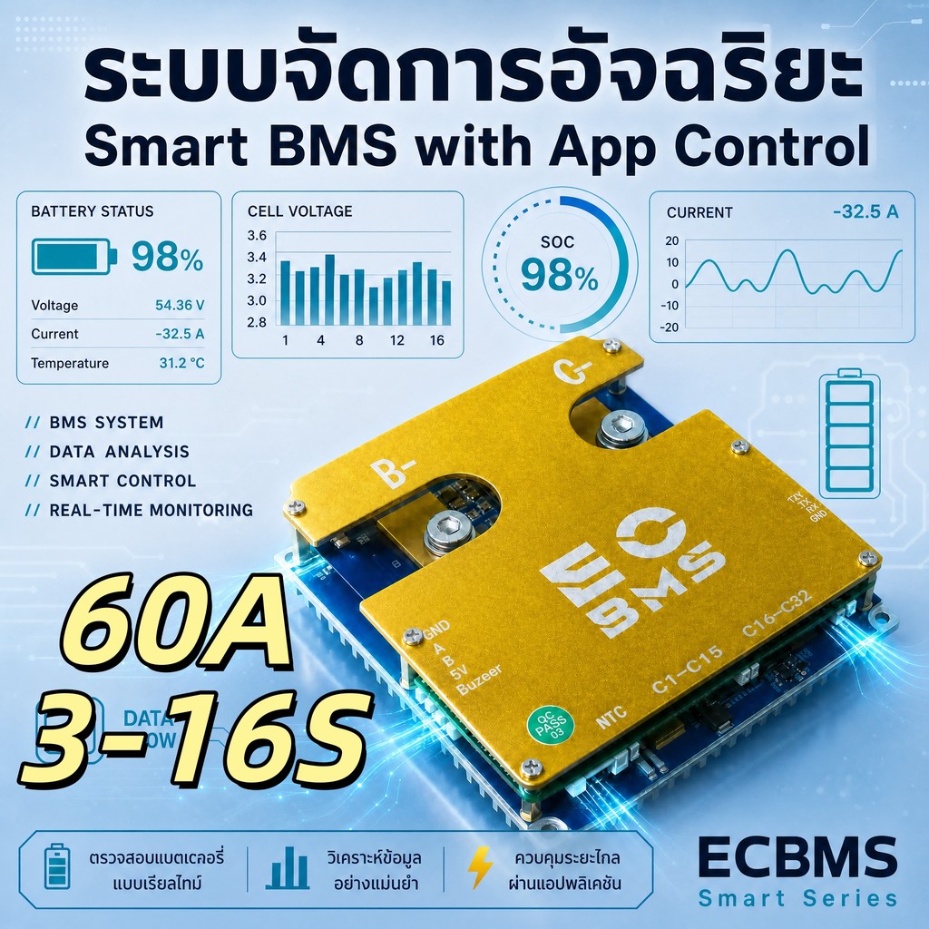 ECBMS BMS 8S 24V 60A LiFePO4 Smart BMS จัดการแบตเตอรี่อัจฉริยะ ตัดวงจรอัตโนมัติ
