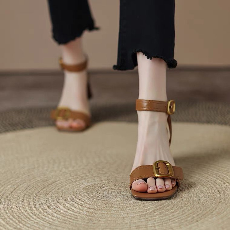 kyda รองเท้า เกาหลี ส้นสูง รองเท้า poise Retro Open-Toed ผู้หญิงฤดูร้อนสีน้ําตาลส้นหนา