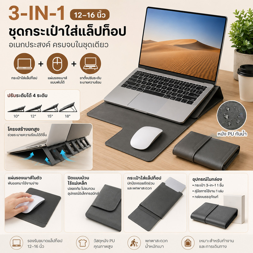 ชุดกระเป๋าใส่แล็ปท็อป 3-in-1 สำหรับแล็ปท็อปขนาด 12-16 นิ้ว กระเป๋าด้านในพร้อมที่วางเมาส์และแผ่นรองเมาส์